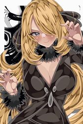  black_coat blonde_hair blush breasts claw_pose cleavage closed_mouth coat commentary_request cynthia_(pokemon) female fur_trim grey_eyes hair_ornament hair_over_one_eye highres large_breasts long_hair long_sleeves looking_at_viewer pokemon pokemon_dppt shiki_(kisikisi1007) smile solo very_long_hair 