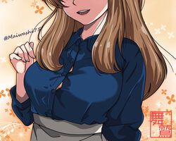  blue_shirt breasts brown_hair button_gap female hibike!_euphonium kuroe_mayu large_breasts lips long_hair maiwashi0922 shirt smile undersized_clothes 