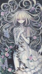  acrylic_paint_(medium) blonde_hair bug burnt_clothes butterfly commentary_request cracked_skin dress expressionless female flat_chest flower hair_spread_out hands_on_own_chest highres long_hair looking_at_viewer original painting_(medium) pale_skin pink_flower pink_rose rose solo sumire_shisei traditional_media very_long_hair yellow_eyes 