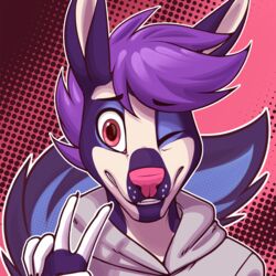  1:1 anthro canid canine canis clothing drip_(dripponi) dripponi gesture hair hand_gesture headshot_portrait hi_res hoodie jackal male mammal one_eye_closed pink_nose portrait purple_eyes purple_hair smile solo topwear v_sign wink 