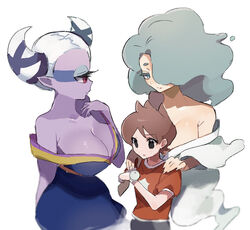  1boy 2girls amano_keita aqua_eyes aqua_hair bare_shoulders black_eyes breasts brown_hair cleavage colored_skin cyclops en&#039;enra enraenra_(youkai_watch) fuumin_(youkai_watch) hair_horns hair_over_one_eye hands_on_another&#039;s_shoulders japanese_clothes kimono kmnk_(kumanuko) large_breasts long_hair monster_girl multiple_girls off_shoulder one-eyed pointy_ears purple_skin red_shirt shirt simple_background traditional_youkai watch white_background white_hair wristwatch youkai_(youkai_watch) youkai_watch youkai_watch_(object) 