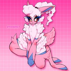  1:1 anthro blue_eyelashes eyelashes female fluffy fur hair hi_res melpaca pal_(species) palworld pink_body pink_ears pink_tail pocketpair ponytail princesspukey smile solo tail thick_thighs tongue tongue_out white_body white_fur wool_(fur) 