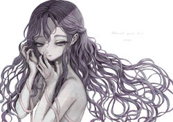  2021 arm_ribbon crying crying_with_eyes_open english_text expressionless female hand_on_own_face long_hair looking_at_viewer nude original parted_lips pink_ribbon purple_eyes purple_hair ribbon simple_background solo sumire_shisei tears upper_body wavy_hair white_background 