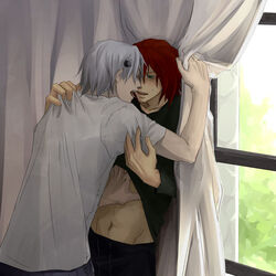  2boys after_kiss blue_eyes blush closed_eyes curtain_grab curtains franken_stein_(soul_eater) grabbing_another&#039;s_shoulder hand_on_another&#039;s_stomach imminent_kiss kissing kiyocco multiple_boys object_through_head open_mouth screw_in_head small_sweatdrop soul_eater spirit_albarn white_hair window yaoi 