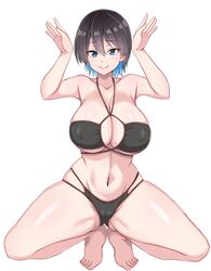  barefoot bikini black_bikini black_hair blue_eyes blue_hair breasts bunny_garden cleavage colored_inner_hair covered_nipples female full_body highres kotokoto_(jumon) large_breasts midriff miuka_(bunny_garden) multicolored_hair navel rabbit_pose simple_background solo squatting stomach swimsuit toes white_background 