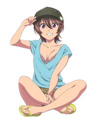  :d adjusting_clothes adjusting_headwear baseball_cap bikini bikini_under_clothes blue_shirt breasts breasts_apart brown_hair brown_shorts female flip-flops full_body green_footwear green_hat grin hand_on_lap hat highres indian_style looking_at_viewer low_neckline purple_eyes red_bikini sandals sano_keiichi shirt short_hair short_shorts short_sleeves shorts simple_background sitting smile solo strike_the_blood striped_bikini striped_clothes swimsuit tokoyogi_yuuma white_background white_bikini 