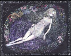  acrylic_paint_(medium) bare_shoulders barefoot blonde_hair commentary_request expressionless female flat_chest flower flower_wreath full_body highres long_hair looking_at_viewer nightgown original painting_(medium) pale_skin picture_frame purple_eyes rose solo sumire_shisei sunflower traditional_media wavy_hair 