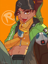  abs acid_hype_rampart animification apex_legends belt black_belt black_eyeshadow black_hat boots breasts brown_eyes brown_footwear brown_hair bucket_hat clothes_pull colored_tips crop_top cropped_sweater dark-skinned_female dark_skin eyeshadow female gloves green_hair green_jacket green_pants hat highres jacket looking_at_viewer makeup medium_breasts multicolored_hair mutturi_mamer18 official_alternate_costume orange_background orange_gloves pants rampart_(apex_legends) ribbed_sweater sitting smile solo sweater sweater_pull tongue tongue_out v-shaped_eyebrows 