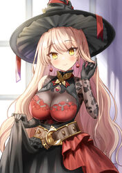  asymmetrical_clothes backlighting bare_shoulders belt black_dress black_gloves black_hat blonde_hair blush bra breasts brown_belt cleavage closed_mouth commentary_request curtains day dress earrings female gloves hand_up hat highres jewelry large_breasts long_hair looking_at_viewer motoi_ayumu nijisanji nui_sociere nui_sociere_(8th_costume) red_bra see-through see-through_cleavage see-through_dress_layer smile solo sunlight underwear very_long_hair virtual_youtuber window witch witch_hat yellow_eyes 