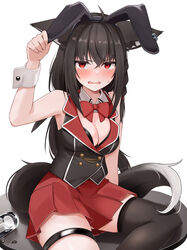  absurdres ahoge alternate_costume animal_ear_fluff animal_ears black_hair black_thighhighs blush bow bowtie braid breasts bunny_garden buttons cleavage commentary_request cosplay detached_collar double-breasted earrings fake_animal_ears female fox_ears fox_girl fox_tail glass hair_between_eyes highres hololive jewelry kana_(bunny_garden) kana_(bunny_garden)_(cosplay) kurokami_fubuki long_hair looking_at_viewer medium_breasts micon nontraditional_playboy_bunny on_table rabbit_ears red_bow red_bowtie red_eyes red_skirt sidelocks simple_background single_braid single_thighhigh skirt sleeves_past_wrists solo table tail thigh_strap thighhighs virtual_youtuber waistcoat white_background wrist_cuffs 