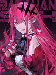  baobhan_sith_(fate) baobhan_sith_(first_ascension)_(fate) bare_shoulders breasts center_frills character_name detached_collar detached_sleeves dress earrings fangs fate/grand_order fate_(series) female flprayer frills grey_eyes highres jewelry large_breasts long_hair looking_at_viewer open_mouth pink_hair pointy_ears red_dress sidelocks smile solo tiara 