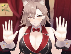  animal_ears arknights blush bow bowtie breasts brown_eyes brown_hair bunny_garden buttons cleavage cosplay double-breasted dr.lamina earrings female hands_up highres jewelry kana_(bunny_garden) kana_(bunny_garden)_(cosplay) large_breasts mole mole_above_eye nontraditional_playboy_bunny penance_(arknights) red_bow red_bowtie stud_earrings wolf_ears wrist_cuffs 