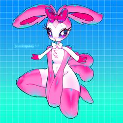  1:1 anthro blep bow_ribbon female fur hi_res lagomorph leporid mammal pal_(species) palworld pink_body pink_fur pocketpair princesspukey ribbons ribbuny solo tail tongue tongue_out 