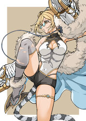  :3 bare_shoulders black_shorts blonde_hair breasts brown_hair cape claw_(weapon) cleavage cleavage_cutout clothing_cutout covered_navel djeeta_(granblue_fantasy) feather_boa female flip-flops granblue_fantasy grey_thighhighs medium_breasts mika_(gbf) sandals semi-rimless_eyewear shirt short_hair short_shorts shorts silverroar&#039;s_swiftclaw_(granblue_fantasy) sleeveless sleeveless_shirt solo standing standing_on_one_leg thigh_strap thighhighs toes weapon 