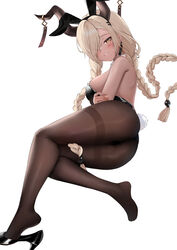  absurdres alternate_costume animal_ears azur_lane bare_back bare_shoulders black_footwear black_leotard braid breasts brown_horns brown_pantyhose dark-skinned_female dark_skin detached_collar earrings english_commentary fake_animal_ears fake_tail feet female full_body hair_over_one_eye high_heels highleg highleg_leotard highres horn_ornament horns jewelry large_breasts legs leotard long_hair looking_at_viewer low_twin_braids lying neruki_(ntme) no_shoes on_side owari_(azur_lane) pantyhose playboy_bunny rabbit_ears rabbit_tail shoe_dangle shoes simple_background single_shoe smile solo strapless strapless_leotard tail thighband_pantyhose twin_braids very_long_hair white_background yellow_eyes 