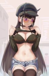  absurdres azur_lane belt_chain black_bra black_choker black_hair black_shirt black_thighhighs blush bow bow_bra bra breasts choker cleavage clothes_lift collarbone cutoffs denim denim_shorts female hat_horns highres large_breasts long_hair long_sleeves looking_to_the_side midriff navel noshiro_(azur_lane) noshiro_(dressed-up_date)_(azur_lane) off-shoulder_shirt off_shoulder official_alternate_costume on_stool orange-tinted_eyewear pink-tinted_eyewear purple_eyes ribbed_shirt ruan_weidao shirt shirt_lift short_shorts shorts single_bare_shoulder solo stomach stool striped_clothes striped_shirt sunglasses thighhighs tinted_eyewear underwear vertical-striped_clothes vertical-striped_shirt wide_hips 