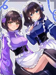  2girls :o apron black_hair blue_jacket blush breasts corset hair_ornament heart heart_hair_ornament highres idolmaster idolmaster_cinderella_girls jacket jersey_maid large_breasts looking_at_viewer maid maid_apron maid_headdress multiple_girls official_alternate_costume outline purple_jacket sagisawa_fumika side_ponytail sidelocks smile takafuji_kako track_jacket unconventional_maid white_apron white_outline yuzuhota0313 zipper_pull_tab 