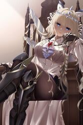  armored_boots armored_gloves black_shorts blonde_hair blue_eyes boots breasts brown_pantyhose closed_mouth coat collared_shirt crossed_legs crown_(nikke) diadem drill_hair female goddess_of_victory:_nikke hair_ornament hair_spread_out hand_in_own_hair headgear highres jewelry large_breasts long_hair looking_at_viewer milmil7 necklace pantyhose shirt shorts sitting smile solo thighs throne white_coat white_shirt 