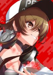  baseball_bat black_choker black_hat breasts brown_eyes brown_hair choker cleavage collarbone d4dj earrings female hat highres hiraken jewelry light_particles looking_up medium_breasts parted_lips red_background smile solo two-tone_hat v-shaped_eyebrows white_hat yamate_kyouko 