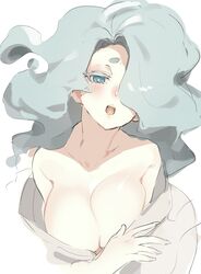  absurdres aqua_hair bare_shoulders blue_eyes blush breasts cleavage en&#039;enra enraenra_(youkai_watch) female hair_over_one_eye highres huge_breasts japanese_clothes kimono kmnk_(kumanuko) long_hair looking_at_viewer monster_girl off_shoulder open_mouth solo traditional_youkai white_background youkai_(youkai_watch) youkai_watch 