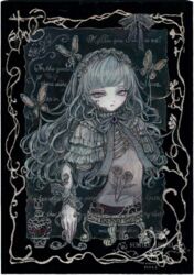  acrylic_paint_(medium) amputee bow bowtie brooch bug butterfly capelet commentary doll english_commentary english_text expressionless female flat_chest flower grey_eyes grey_hair hairband highres jewelry long_hair looking_at_viewer original painting_(medium) pale_skin rose solo sumire_shisei traditional_media upper_body wavy_hair 