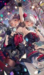  2girls absurdres arm_up azur_lane black_dress black_gloves black_hair black_theme breasts confetti detached_sleeves dress fingerless_gloves formidable_(azur_lane) formidable_(muse)_(azur_lane) gloves grey_hair hair_ribbon heaven&#039;s_melody highres holding holding_microphone horns idol idol_clothes large_breasts layered_dress long_hair microphone multiple_girls noshiro_(azur_lane) noshiro_(muse)_(azur_lane) official_alternate_costume oni ribbon sideboob_cutout stage twintails 