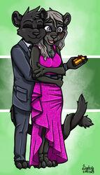  2023 anthro bad_guy_cafe black_body black_fur cathleen_velvetpaw felid female fur gift grey_body grey_fur grey_hair hair hug hugging_another hugging_from_behind male mammal pantherine purple_eyes shevron ziegelzeig 