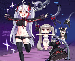  3girls absurdly_long_hair arms_up azur_lane bare_shoulders barefoot belt black_belt black_dress black_hair black_panties black_ribbon black_shirt black_shorts blunt_bangs blunt_ends bow bra breasts chibi cleavage closed_mouth collarbone commentary conveyor_belt crack cracked_floor dress english_commentary english_text fat_joke formidable_(azur_lane) formidable_(muse)_(azur_lane) frilled_panties frilled_sleeves frills full_body grey_hair grey_panties hairbow headgear hm_(hmongt) horns indoors large_breasts long_hair long_sleeves looking_at_viewer looking_up motion_lines multicolored_hair multiple_girls navel no_nose noshiro_(azur_lane) official_art open_mouth outstretched_arms panties panty_straps parted_bangs prinz_eugen_(azur_lane) prinz_eugen_(muse)_(azur_lane) purple_eyes red_hair ribbon sailor_collar shirt short_shorts shorts sideboob smile sparkle standing standing_on_one_leg stomach streaked_hair thigh_gap twintails underwear underwear_only unworn_dress very_long_hair white_sailor_collar 