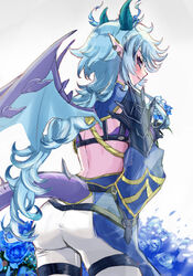  armor ass blue_hair centur-ion_atry commentary_request dragon_girl dragon_horns dragon_tail dragon_wings duel_monster female hands_on_own_hips highres horns long_hair messy_hair noppe pants pointy_ears purple_eyes shoulder_armor solo tail white_pants wings yu-gi-oh! 