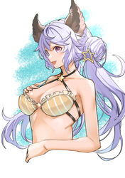  bare_shoulders bikini breasts cleavage criss-cross_halter cropped_torso double_bun female granblue_fantasy hair_bun hair_ornament halterneck hand_on_own_hip medium_breasts mika_(gbf) open_mouth purple_eyes purple_hair satyr_(granblue_fantasy) smile solo star_(symbol) star_hair_ornament swimsuit twintails upper_body yellow_bikini 