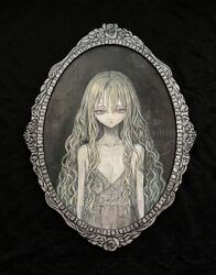  acrylic_paint_(medium) bare_shoulders blonde_hair collarbone commentary_request expressionless female flat_chest highres long_hair looking_at_viewer nightgown original painting_(medium) pale_skin photo_(medium) picture_frame pink_eyes solo sumire_shisei traditional_media wavy_hair wet white_nightgown 