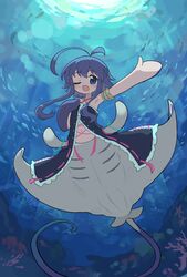  ;d absurdres animal armpits bare_shoulders black_dress blue_eyes blue_hair commission coral criss-cross_halter day dress female fish hair_between_eyes halterneck hand_up highres iruka_(tama) kibisake long_hair manta_ray_girl monster_girl navel one_eye_closed original outdoors outstretched_arm skeb_commission smile solo taur underwater very_long_hair water 