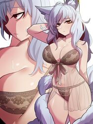  ahoge animal_ear_fluff animal_ears arm_behind_head blush bra breasts cleavage closed_mouth colored_inner_hair commission earrings embarrassed female fox_ears fox_girl fox_tail hair_between_eyes highres jewelry kitsune kyuubi lace-trimmed_bra lace_trim large_breasts lingerie long_hair looking_at_viewer multicolored_hair multiple_tails multiple_views navel original panties red_eyes skindentation slit_pupils stomach streaked_hair sung08ko sweat tail thighs two-tone_hair underwear white_background white_hair white_tail 