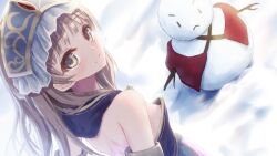  atelier_(series) atelier_meruru atelier_totori borubikku breasts brown_eyes brown_hair detached_sleeves downblouse female headdress highres looking_at_viewer looking_back nipple_slip nipples outdoors smile snow snowman solo totooria_helmold 