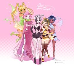  5girls ^_^ absurdly_long_hair ahoge annoyed antennae arms_around_neck arthropod_girl bad_id bad_twitter_id bare_legs bare_shoulders bee_girl belt black_bag black_belt black_boots black_dress black_gloves black_hair black_leotard black_nails black_shirt black_shorts black_sleeves blonde_hair blue_sandals blue_shirt blue_skirt blue_wings blunt_bangs boots breasts character_name chocofish choker cleavage cleavage_cutout clenched_hands closed_eyes closed_mouth clothing_cutout commentary crop_top crown dark-skinned_female dark_skin detached_sleeves dot_nose dress drill_hair english_commentary english_text eyeshadow fairy fairy_wings fingerless_gloves flower_skirt flying_sweatdrops frilled_skirt frilled_sleeves frills full_body fur-trimmed_dress fur_anklet fur_choker fur_trim fur_wrist_cuffs gloves gradient_background gradient_skin green_arm_warmers green_eyes green_ribbons green_shirt green_shoes green_wings grey_hair hair_between_eyes hair_ornament hairclip halftone halftone_background halter_shirt halterneck hand_on_another&#039;s_shoulder hands_on_own_hips height_difference high_heel_sandals high_heels highres holding_another&#039;s_arm horns hug hug_from_behind insect_wings instagram_username jewelry knees leg_ribbon leotard leotard_under_clothes light_blush light_frown light_particles lipstick long_dress long_hair long_sleeves looking_at_another magical_girl makeup midriff mini_crown miniskirt multicolored_hair multicolored_nails multiple_girls nail_polish navel one_eye_closed original pale_skin parted_bangs pink_background pink_bag pink_boots pink_dress pink_eyes pink_eyeshadow pink_hair pink_horns pink_leotard pink_lips pink_nails pink_thighhighs pink_wings pleated_dress pointy_ears puffy_long_sleeves puffy_sleeves pumps ribbon sandals see-through_clothes see-through_sleeves see-through_thighhighs shirt shoes short_hair short_hair_with_long_locks short_shorts short_sleeves shorts shoulder_cutout side_slit single_detached_sleeve single_fingerless_glove skirt skirt_set sleeved_leotard sleeves_past_wrists smile sparkle standing stomach_cutout straight_hair strapless strapless_shirt streaked_hair striped_clothes striped_dress striped_shirt striped_shorts studded_belt sweatdrop tan thighhighs thighlet toes transparent_wings twin_drills twintails twitter_username two-tone_bag two-tone_dress two-tone_hair unicorn_horn vertical-striped_clothes vertical-striped_shirt vertical-striped_shorts very_long_hair waist_bag watermark white_background white_choker white_hair white_skirt white_wrist_cuffs wings winx_club wrist_cuffs x_hair_ornament yellow_crown yellow_dress yellow_eyeshadow yellow_shoes yellow_wings yin_yang 