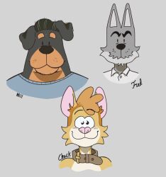  anthro black_body black_fur black_hair black_nose brown_body brown_fur canid canine canis chuck_(p_rindustries) clothing collar collared_shirt dobermann domestic_cat domestic_dog dominant dress_shirt felid feline felis fred_(p_rindustries) fur hair hi_res male mammal mature_male mohawk mullet p_rindustries pink_nose pinscher shirt slightly_chubby smile striped_body striped_fur stripes submissive tan_body tan_fur topwear whisker_spots white_body white_fur will_(p_rindustries) wolf 