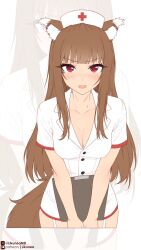  animal_ear_fluff animal_ears blush breasts brown_hair cleavage clipboard collared_dress commentary cowboy_shot cross dress english_commentary female garter_straps hat highres holding holding_clipboard holo large_breasts likunea long_hair looking_at_viewer nurse nurse_cap oerba_yun_fang open_mouth patreon_logo patreon_username red_eyes short_dress short_sleeves spice_and_wolf standing tail twitter_username twitter_x_logo very_long_hair white_dress white_hat wolf_ears wolf_girl wolf_tail zoom_layer 