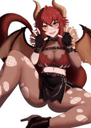  absurdres black_gloves black_nails black_shoes blonde_hair breasts chest_belt dragon_girl dragon_horns dragon_tail dragon_wings female fingerless_gloves gloves high_heels highres horns indie_virtual_youtuber large_breasts looking_at_viewer meibin nail_polish open_mouth pantyhose red_hair red_shirt shirt shoes short_hair sidelocks smile solo tail torn_clothes torn_pantyhose virtual_youtuber wings zentreya zentreya_(dragon) zentreya_(dragon)_(1st_costume) 
