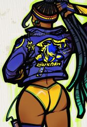  absurdres aqua_trim ass bikini character_print colored_tips dark-skinned_female dark_skin dreadlocks earphones female from_behind headband highres jacket kimberly_jackson klever multicolored_hair multicolored_headband solo street_fighter street_fighter_6 swimsuit walkman yellow_bikini zeku 