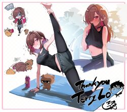  absurdres barefoot black_leggings black_shoes black_tank_top blush breasts brown_hair character_request colored_inner_hair commission copyright_request earrings female flying_sweatdrops grey_shorts highres jewelry leggings long_hair multicolored_hair open_mouth pink_eyes pink_hair pink_nails shoes short_hair shorts skeb_commission stretching sui_hi_sf tank_top trembling yoga 