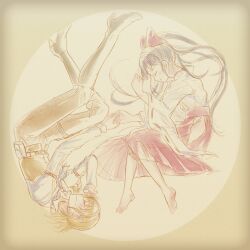  2girls alice_margatroid alternate_costume barefoot belt blonde_hair boots bow closed_eyes closed_mouth commentary_request hairbow hakama hakama_skirt hakurei_reimu high_heel_boots high_heels highres hip_vent holding_hands japanese_clothes karaqia kimono knee_boots long_hair multiple_girls pants red_bow red_hakama ribbon-trimmed_sleeves ribbon_trim shirt skirt smile toes touhou very_long_hair white_kimono white_shirt yuri 