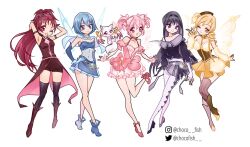  5girls adapted_costume akemi_homura ankle_bow argyle_clothes argyle_pantyhose armlet armpits arms_behind_head bad_id bad_twitter_id bag bare_legs bare_shoulders belt beret black_bow black_hair black_hairband black_thighhighs blonde_hair blue_belt blue_boots blue_capelet blue_eyes blue_gemstone blue_gloves blue_hair blue_shirt blue_skirt blue_sleeves blue_wings boots bow bow_choker breasts bridal_gauntlets brown_boots brown_collar brown_corset brown_hat brown_thighhighs bubble_skirt capelet chest_jewel chocofish choker cleavage cleavage_cutout closed_mouth clothing_cutout collar collarbone collared_capelet collared_shirt commentary corset covered_navel demon_wings detached_collar detached_sleeves dot_nose dress dress_bow drill_hair english_commentary fairy fairy_wings fingerless_gloves flower_hairpin food food_in_mouth frilled_skirt frilled_sleeves frills full_body fur_bag gem gloves grin hair_between_eyes hair_over_shoulder hairband hairbow hand_on_own_hip hand_up happy hat hat_feather high_heel_boots high_heels high_ponytail highres instagram_username jewelry kaname_madoka knee_boots knees kyuubee leg_up long_dress long_hair long_sleeves looking_at_viewer magical_girl mahou_shoujo_madoka_magica mahou_shoujo_madoka_magica_(anime) miki_sayaka miniskirt multicolored_boots multiple_girls nail_polish no_socks off-shoulder_dress off_shoulder one_eye_closed pale_skin pantyhose parody pink_bow pink_dress pink_eyes pink_gemstone pink_gloves pink_hair pink_skirt pink_sleeves pink_wings pocky pocky_in_mouth ponytail puffy_long_sleeves puffy_short_sleeves puffy_sleeves pumps purple_bridal_gauntlets purple_capelet purple_eyes purple_nails purple_pantyhose purple_shirt purple_shoes purple_skirt purple_wings red_boots red_bow red_choker red_dress red_eyes red_gemstone red_gloves red_hair red_shoes red_shorts sakura_kyoko shelf shirt shoes short_hair short_shorts short_sleeves short_twintails shorts shorts_under_dress shoulder_bag simple_background skirt skirt_under_dress sleeveless sleeveless_dress smile straight_hair strapless strapless_shirt striped_clothes striped_thighhighs studded_belt tareme thighhighs tomoe_mami tsurime twin_drills twintails twitter_username two-sided_capelet two-sided_dress two-sided_fabric two-tone_boots two-tone_shirt vertical-striped_clothes vertical-striped_thighhighs very_long_hair watermark white_background white_shirt wings winx_club yellow_bag yellow_bow yellow_gemstone yellow_skirt yellow_sleeves yellow_wings 