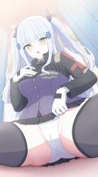  absurdres alternate_hairstyle black_bow black_jacket black_skirt black_thighhighs blush bow female german_flag girls&#039;_frontline gloves green_eyes grey_hair hairbow highres hk416_(girls&#039;_frontline) jacket long_hair long_sleeves looking_at_viewer multicolored_jacket open_mouth panties pleated_skirt purple_jacket sitting skirt solo spread_legs teardrop_facial_mark thighhighs two-tone_jacket two_side_up uchikata_takeaki underwear white_gloves white_panties 