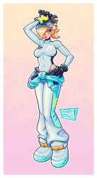  artist_name black_gloves blonde_hair blue_eyes border breasts clothes_around_waist covered_navel earrings english_commentary female full_body gloves hair_over_one_eye hand_on_own_hip hat highres hip_vent holding holding_wrench jacket jacket_around_waist jewelry long_hair long_sleeves mario_(series) mario_kart mario_kart_world montydraws official_alternate_costume open_mouth outline pink_background ponytail rosalina rosalina_(pro_racer) solo star_(symbol) star_earrings two-tone_gloves white_border white_outline wrench yellow_gloves 
