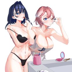  2girls absurdres applying_makeup applying_own_makeup ass_visible_through_thighs black_bra black_hair black_panties blue_eyes bra breasts cosmetics daaku_(koizumi_arata) hair_intakes hand_mirror head_wings highres hololive hololive_english huge_breasts lipstick lipstick_tube makeup makeup_brush mirror multiple_girls ouro_kronii panties pink_hair pink_wings takane_lui toothbrush towel underwear virtual_youtuber wings 