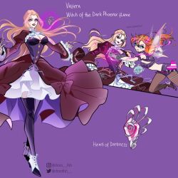  2girls adapted_costume ahoge alternate_costume anklet aqua_eyes arm_ribbon ascot bad_id bad_twitter_id battle belt belt_bag belt_buckle black_belt black_boots black_gloves black_thighhighs blonde_hair bloom_(winx_club) boots bow breasts buckle buttons character_name chocofish cleavage cleavage_cutout clenched_teeth clothing_cutout collared_dress commentary crop_top dark_bloom_(winx_club) determined diamond_button dress dress_bow english_commentary english_text evil_smile eyelashes eyeshadow fairy fairy_wings fighting fire fishnet_gloves fishnets floating_clothes floating_hair frilled_sleeves frills genderswap_(mtf) glitter gloves gold_tiara grey_pantyhose heart-shaped_bag high_heels highres holding holding_another&#039;s_wrist instagram_username jewelry juliet_sleeves large_breasts lipstick long_hair long_sleeves looking_ahead magical_girl makeup medium_dress microskirt mini_tiara mole mole_under_eye multicolored_boots multiple_girls multiple_views open_mouth orange_hair outstretched_arms pantyhose pink_bag pink_fire puffy_sleeves purple_background purple_dress purple_eyeshadow purple_gloves purple_lips purple_ribbon purple_shirt purple_shoes purple_skirt red_bow red_dress reference_sheet ribbon rule_63 see-through_clothes see-through_gloves shirt shoes short_sleeves simple_background skirt skirt_set smile spider_web_print spikes teeth thighhighs transparent_wings twitter_username two-sided_dress two-sided_fabric two-tone_boots two-tone_dress valtor_(winx_club) very_long_hair waist_ribbon watermark white_ascot white_boots white_wings wings winx_club 