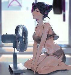  absurdres black_hair blurry blurry_background blush breasts commentary cone_hair_bun diagonal_bangs double_bun electric_fan female grey_shorts grey_tank_top hair_bun hair_over_one_eye highres hot juri_han large_breasts multicolored_hair parted_lips pink_eyes pink_hair shorts si_(sitisi_28) sitting solo street_fighter street_fighter_iv_(series) sweat tank_top thighs two-tone_hair window 