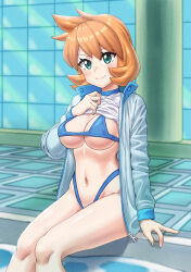 absurdres alternate_breast_size arm_support bikini blue_bikini breasts closed_mouth clothes_lift els_(ljhlee12) eyelashes female flipped_hair green_eyes hand_up highres indoors jacket kasumi_(pokemon) knees large_breasts long_sleeves mixed-language_commentary navel open_clothes open_jacket orange_hair pokemon pokemon_hgss pool shirt shirt_lift sitting smile solo swimsuit water white_shirt zipper_pull_tab 