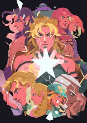  1other 6+boys abs aqua_bow aqua_eyes aqua_helmet aqua_sweater argyle_clothes argyle_sweater battle_tendency birthmark black_background black_eyes black_nails black_shirt blonde_hair blue_eyes bow bowler_hat closed_mouth curly_hair dark-skinned_male dark_skin diamond_wa_kudakenai diavolo diego_brando dio_brando disembodied_hand ear_birthmark earrings english_commentary enrico_pucci female fingernails funny_valentine green_eyes green_nails grin hat highres holding_hands horns jacket jewelry joestar_birthmark jojo_no_kimyou_na_bouken jojolion kars_(jojo) kira_yoshikage long_hair looking_at_viewer lowj730 makeup male_focus multiple_boys muscular muscular_male orange_eyes pink_hair pink_lips pointy_ears purple_hair purple_jacket purple_scarf purple_sweater red_eyes scarf sharp_fingernails shirt sleeveless sleeveless_shirt smile stand_(jojo) star_(symbol) stardust_crusaders steel_ball_run stone_ocean sweater topless_male turtleneck turtleneck_sweater vento_aureo vinegar_doppio white_hair white_nails wonder_of_u yellow_eyes 