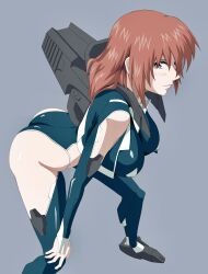  absurdres arm_cutout ass blush bodysuit breasts canon_memphis clothing_cutout female hayate_(pixiv3638337) highres hip_vent leg_cutout looking_at_viewer mecha_pilot_suit medium_breasts medium_hair purple_eyes red_hair shiny_clothes shiny_skin side_cutout simple_background smile solo soukyuu_no_fafner synergetic_suit thigh_cutout 